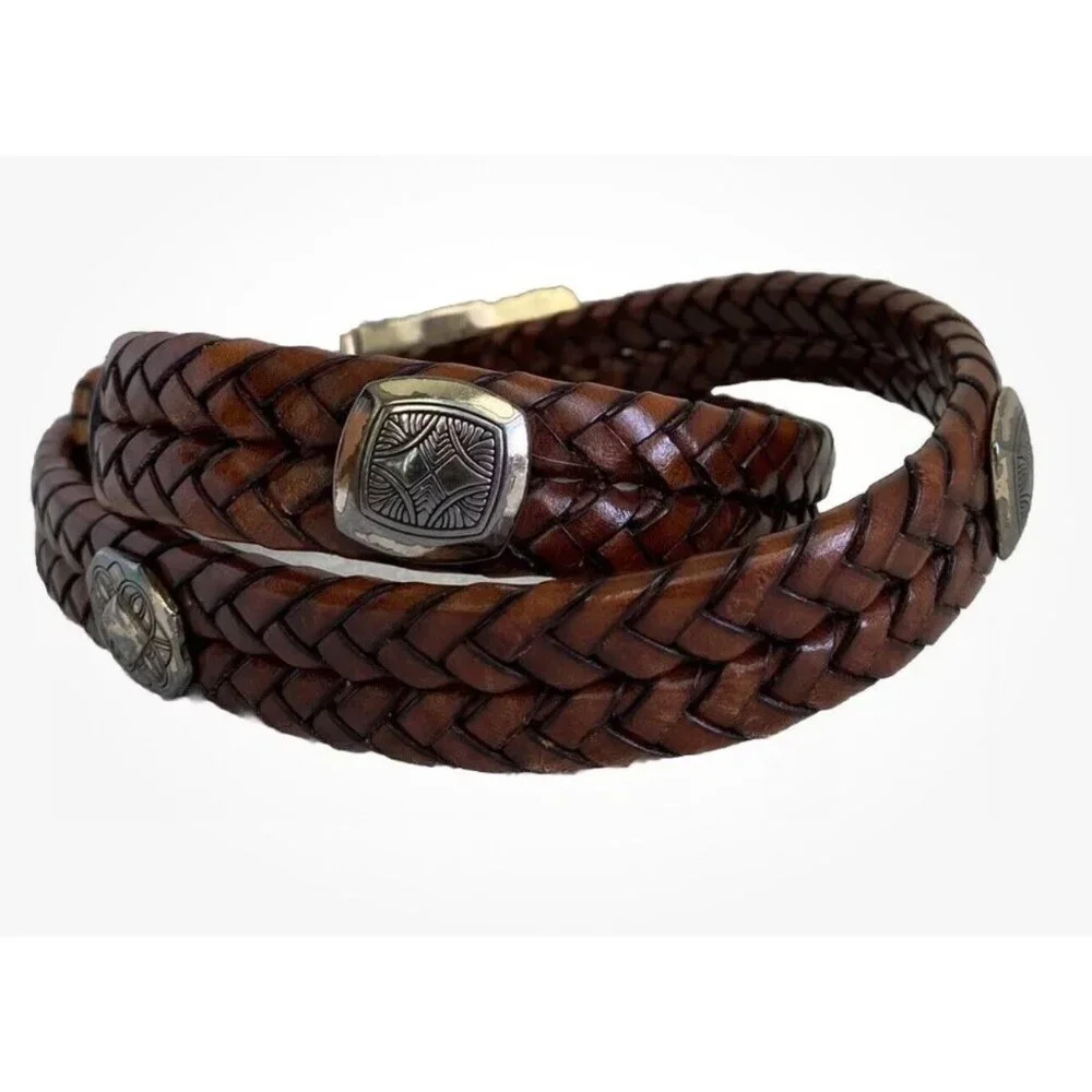 Brighton Brown Woven Leather with Silver Conchos Women’s Belt 28 / S Western
